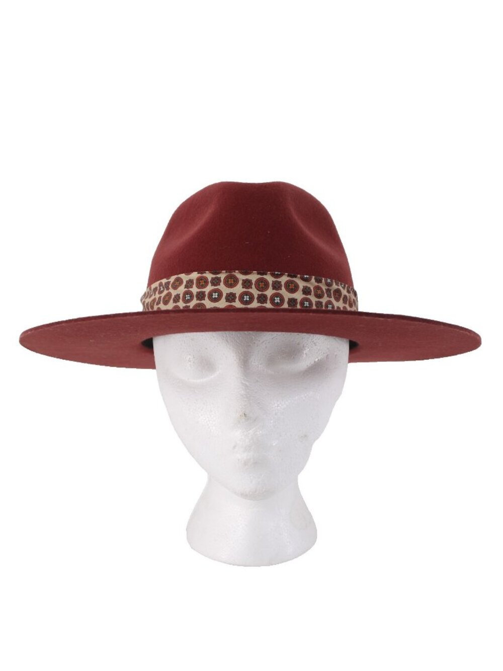 Wyeth Hat Sz One Size 22" Burgundy Red Tan Geometric Patterned Band Felt Hat